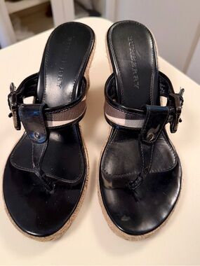 Burberry Wedge Sandals |Black Patent Leather Nova Check Strap Espadrille Size 8